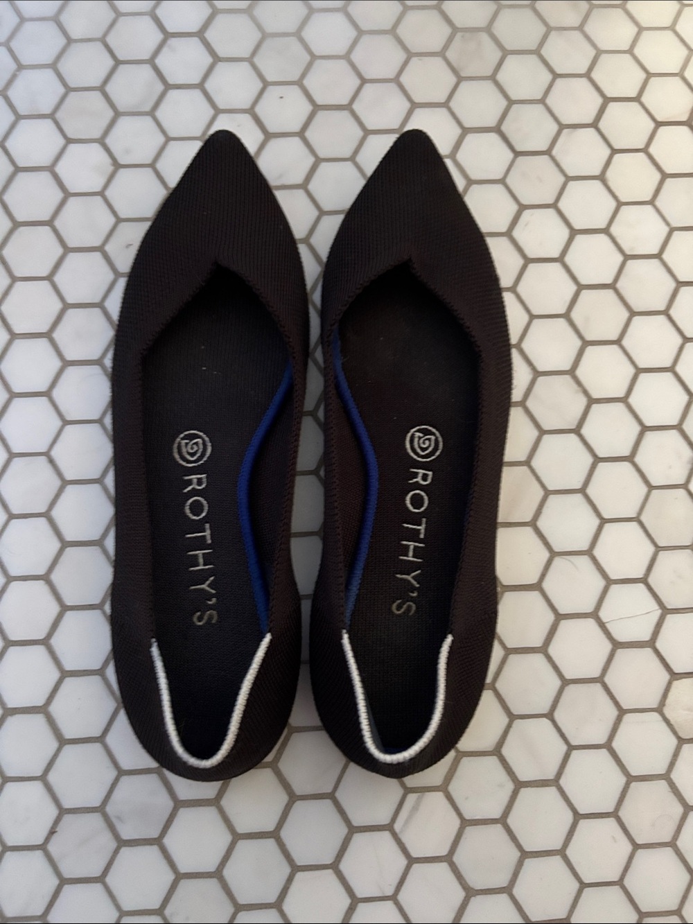 Rothy's Black Pointed-Toe Knit Slip-On Flats with White Trim